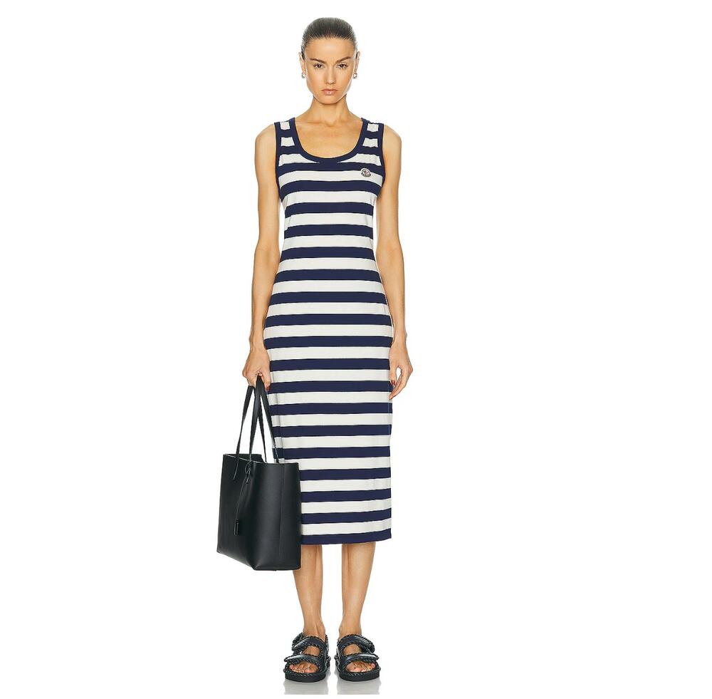 New Moncler Striped Long Dress Navy White Sleeveless Women's Size S